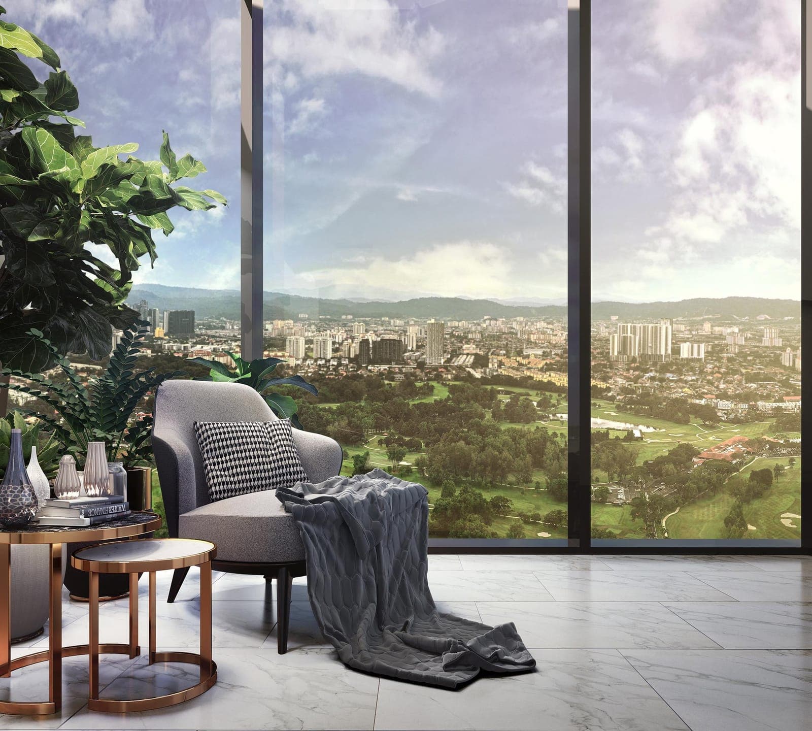 Eaton Residences: artist's impression of a living room, looking over the golf course