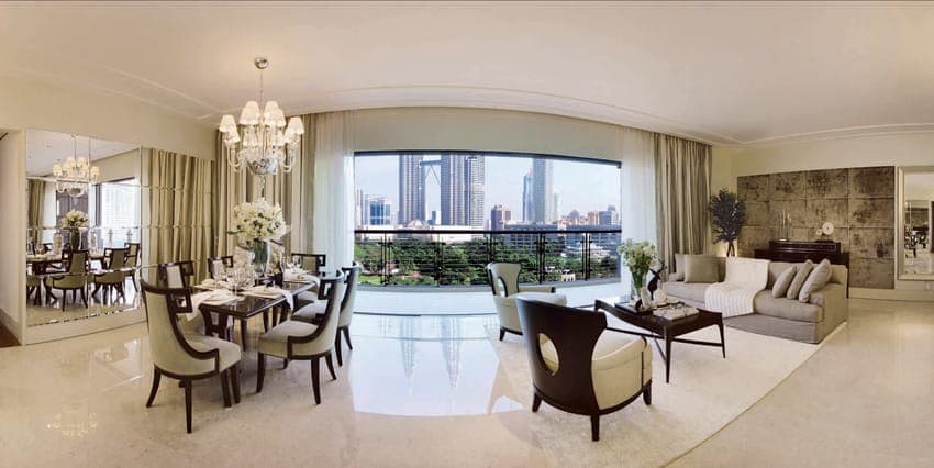 The Binjai On The Park: living and dining, looking out to klcc park and the petronas towers