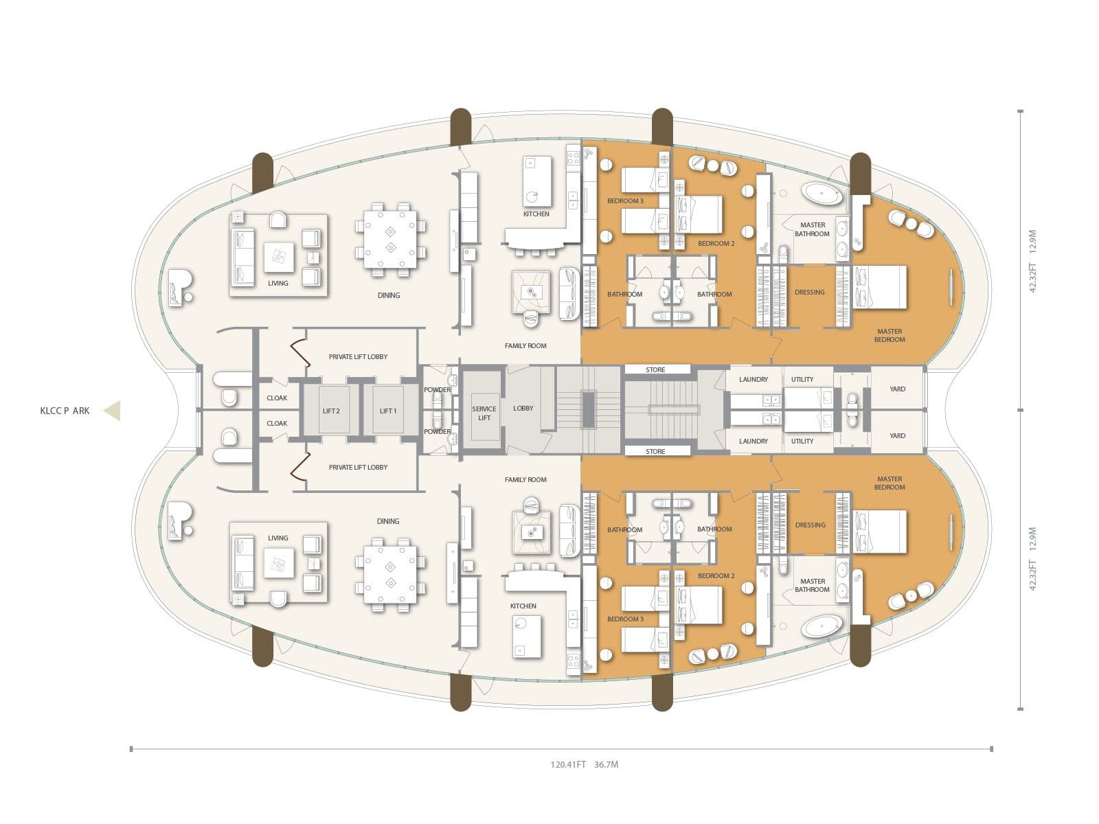 Floor plan of the 3,750 sq ft 3-Bedroom layout at The Oval Kuala Lumpur