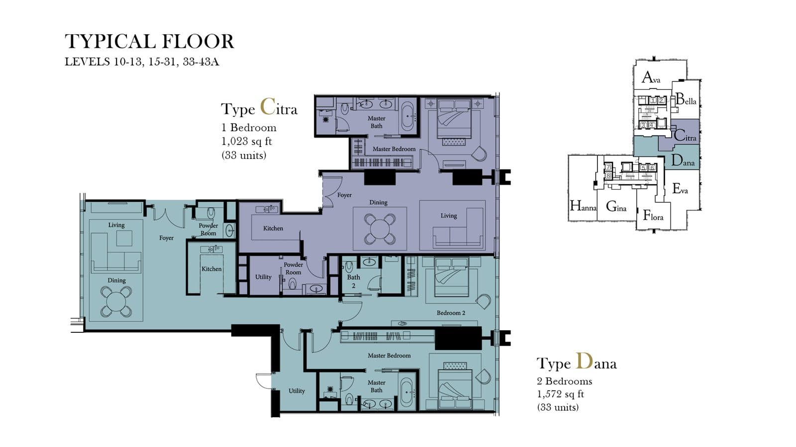 Floor plan of the 1,023 sq ft 1-Bedroom A layout at The Ritz-Carlton Residences Kuala Lumpur